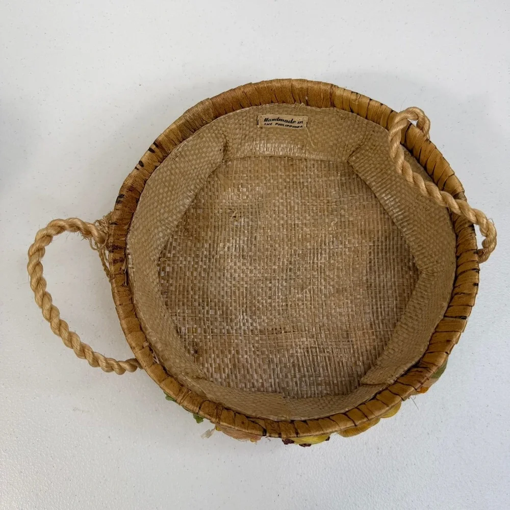 Vintage Woven Straw Basket Mushrooms‎ Vegetable Fruit Raffia Philippines Boho